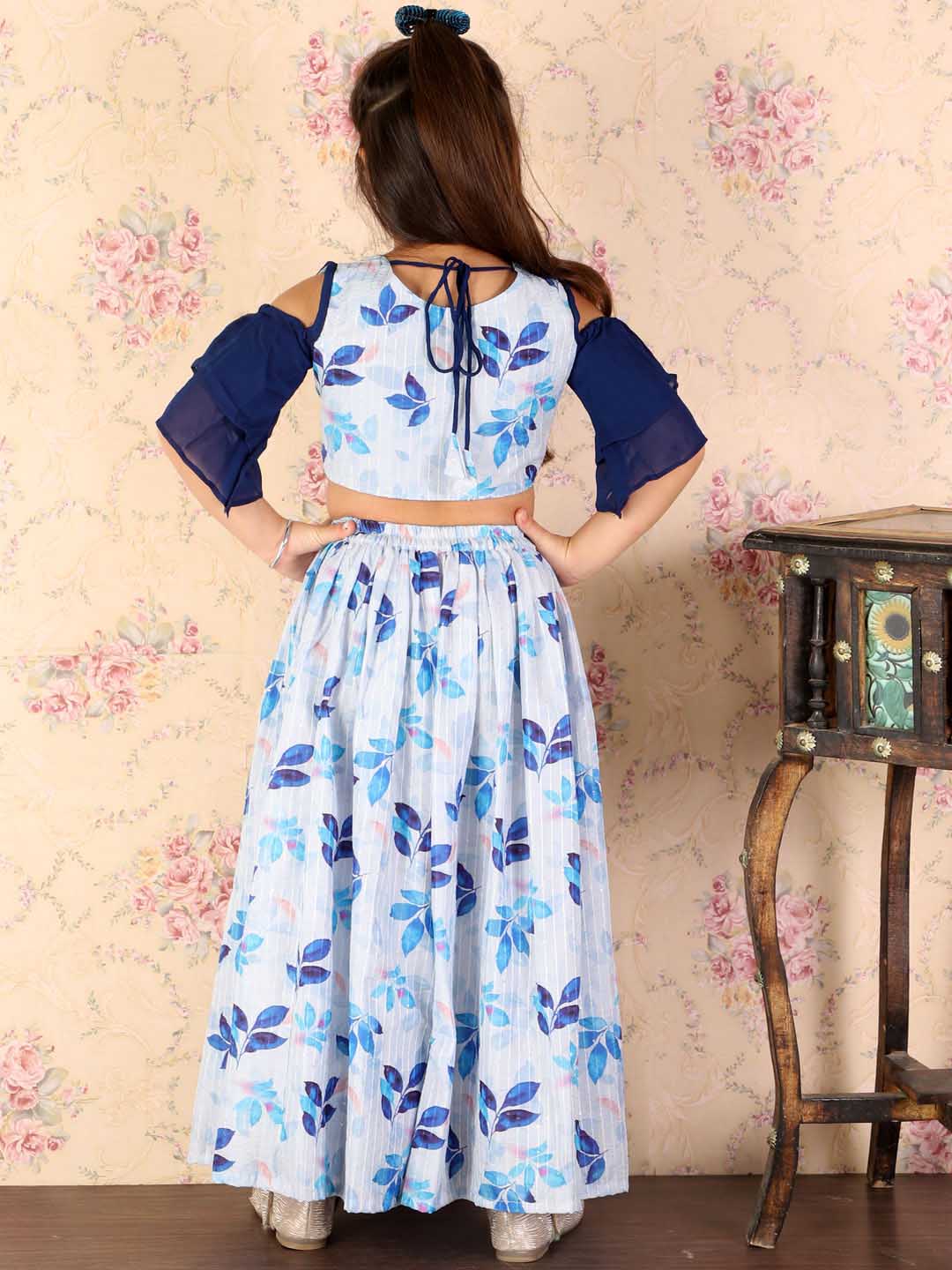 VASTRAMAY Girl's Blue Printed Crop Top & Embellished Long Skirt Set