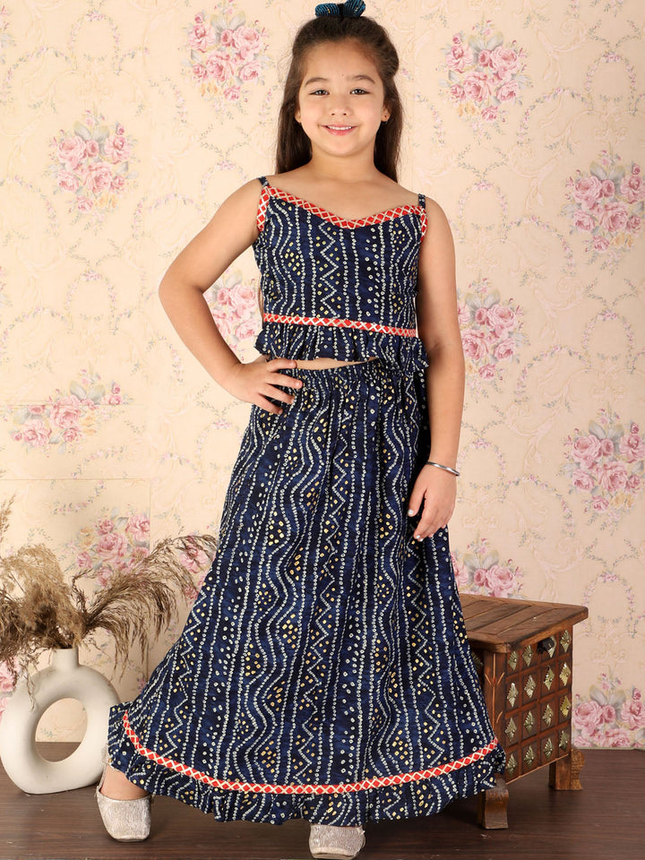 VASTRAMAY Girl's Blue Bandhani Top And Long Skirt Set