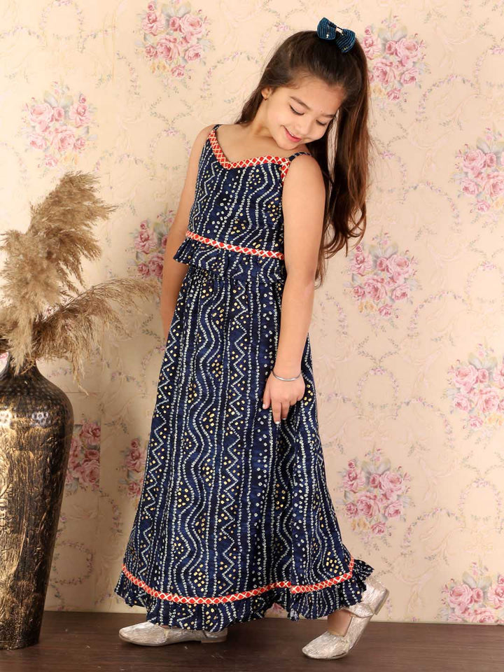 VASTRAMAY Girl's Blue Bandhani Top And Long Skirt Set