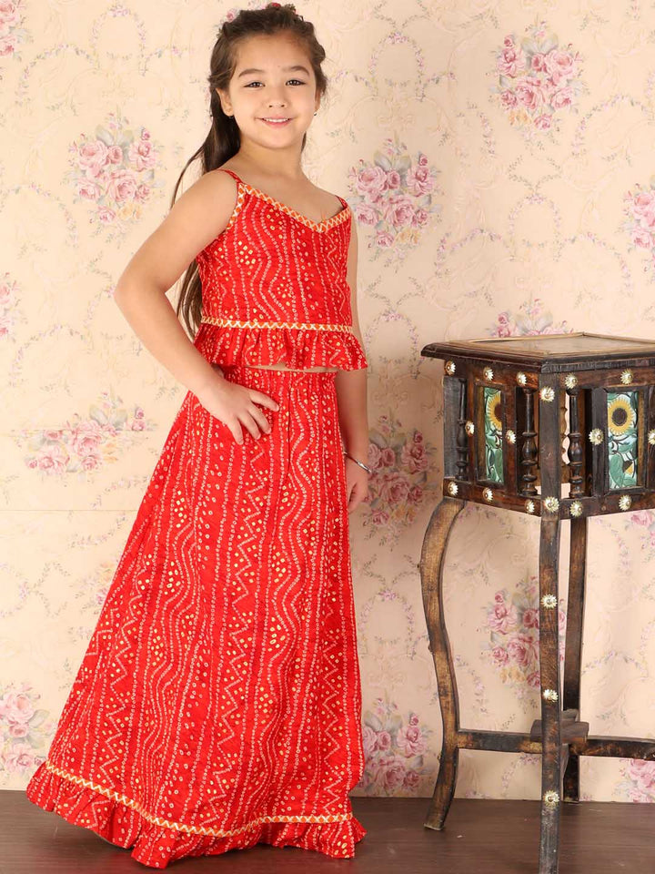 VASTRAMAY Girl's Maroon Bandhani Top And Long Skirt Set