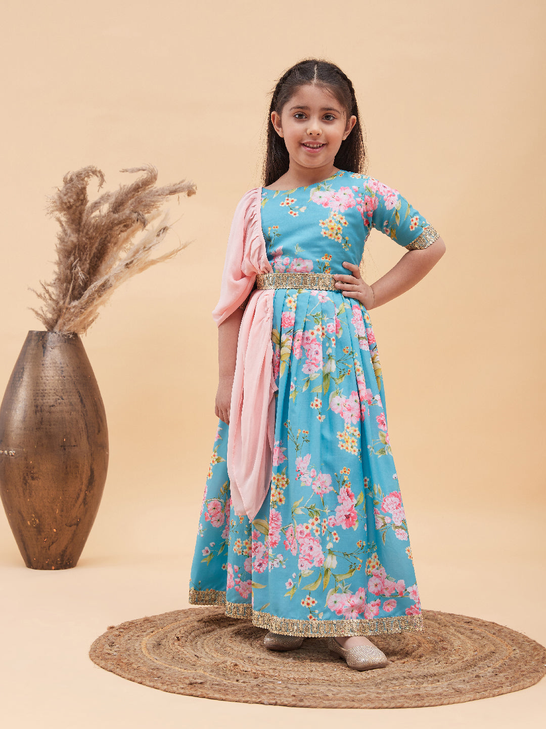 VASTRAMAY Girl's Aqua Blue Floral Print Lehenga Set