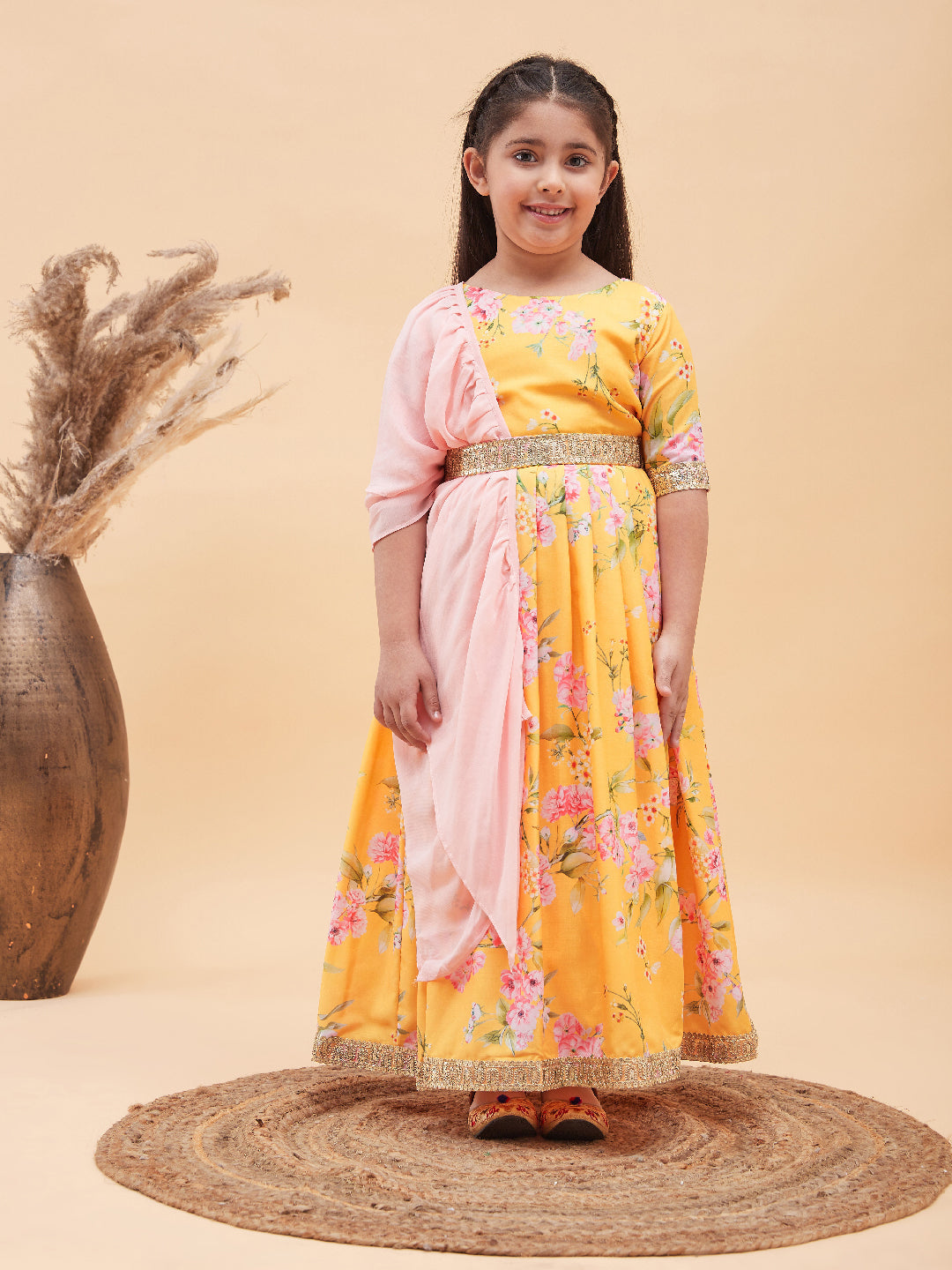 VASTRAMAY Girl's Yellow Floral Print Lehenga Set