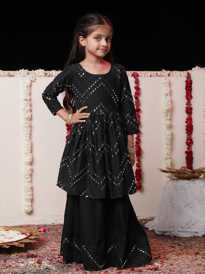 VASTRAMAY Girl's Black Mirror Work Flared Kurta And Long Skirt Set