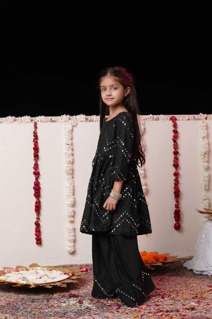 VASTRAMAY Girl's Black Mirror Work Flared Kurta And Long Skirt Set