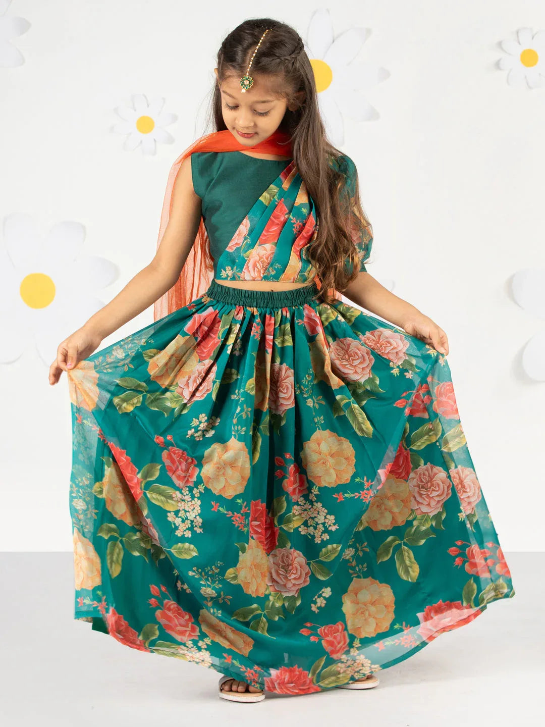 Girl's'  Green Printed Organza Lehenga With Dupatta Set