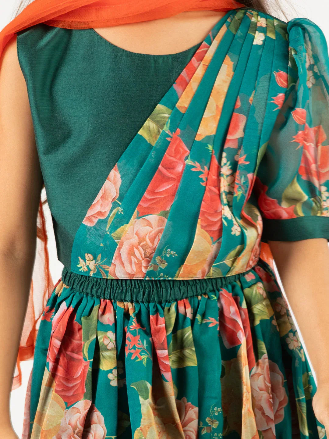 Girl's'  Green Printed Organza Lehenga With Dupatta Set