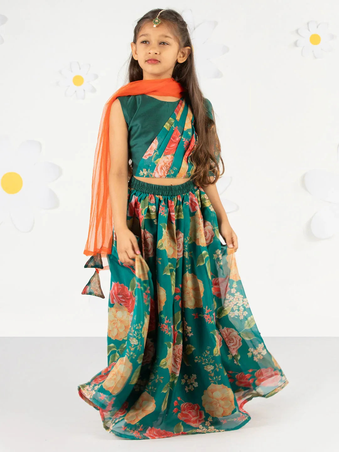 Girl's'  Green Printed Organza Lehenga With Dupatta Set