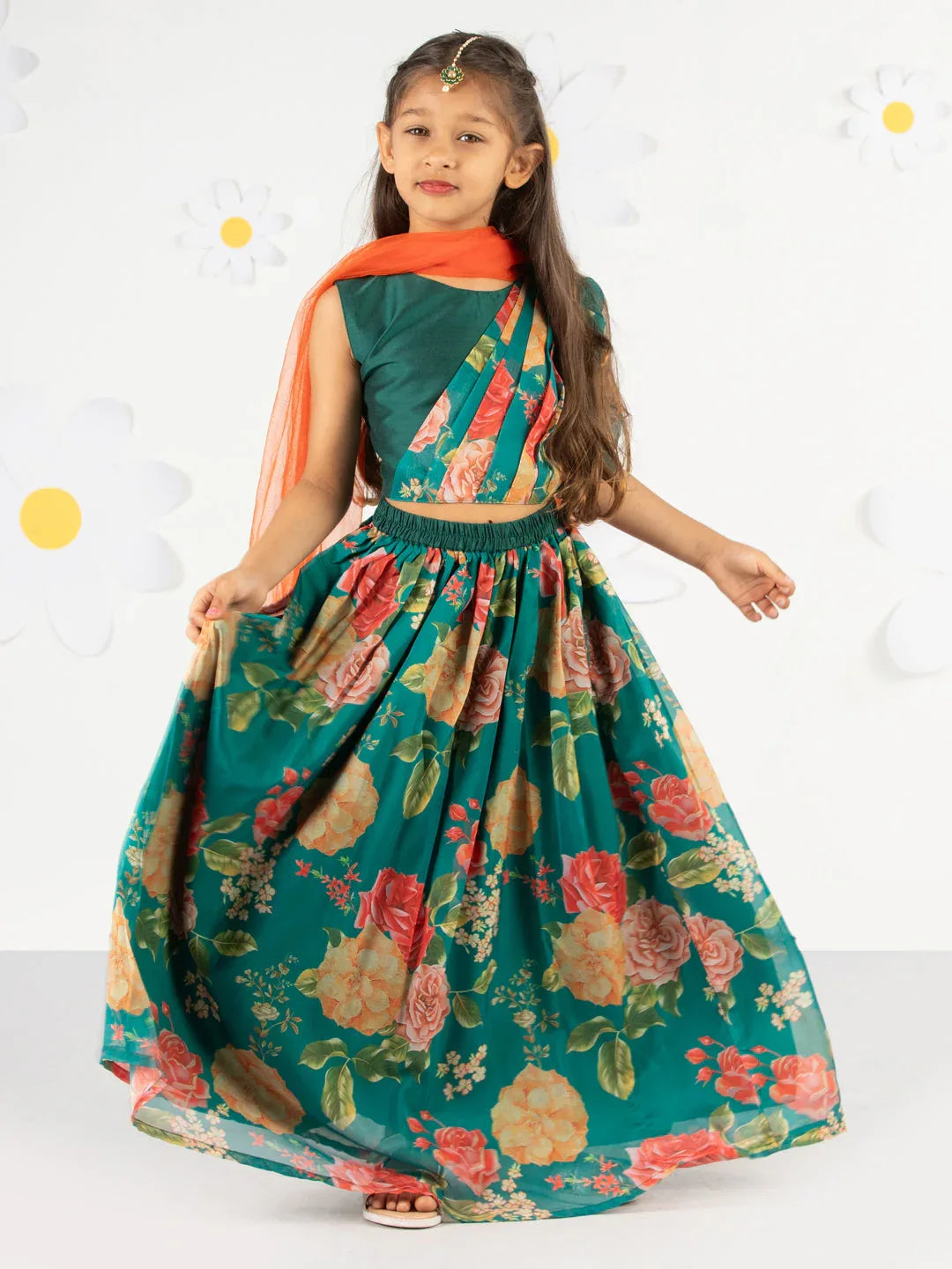 Girl's'  Green Printed Organza Lehenga With Dupatta Set