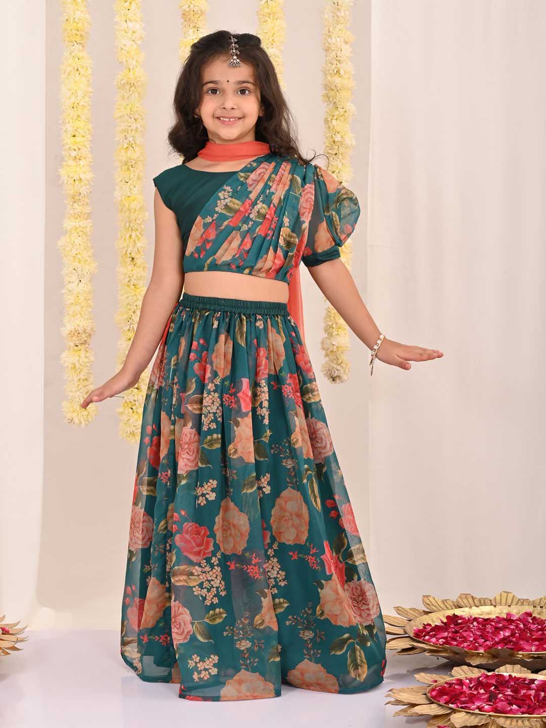 VASTRAMAY Girls'  Green Printed Organza Lehenga With Dupatta Set