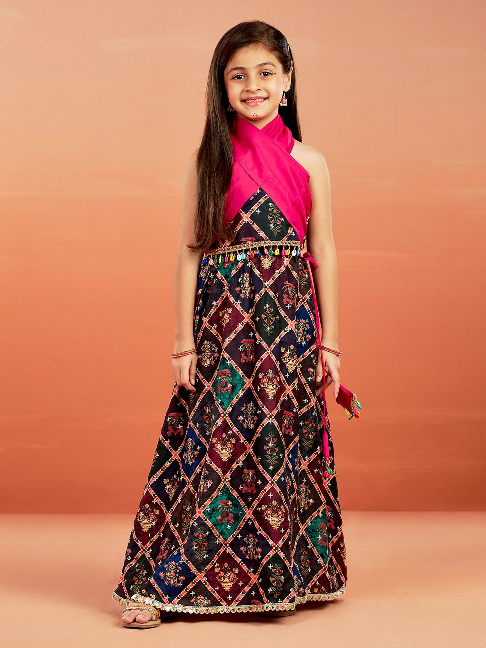 VASTRAMAY Girls' Multi Color Printed Cotton Blend Lehenga Set - qivii