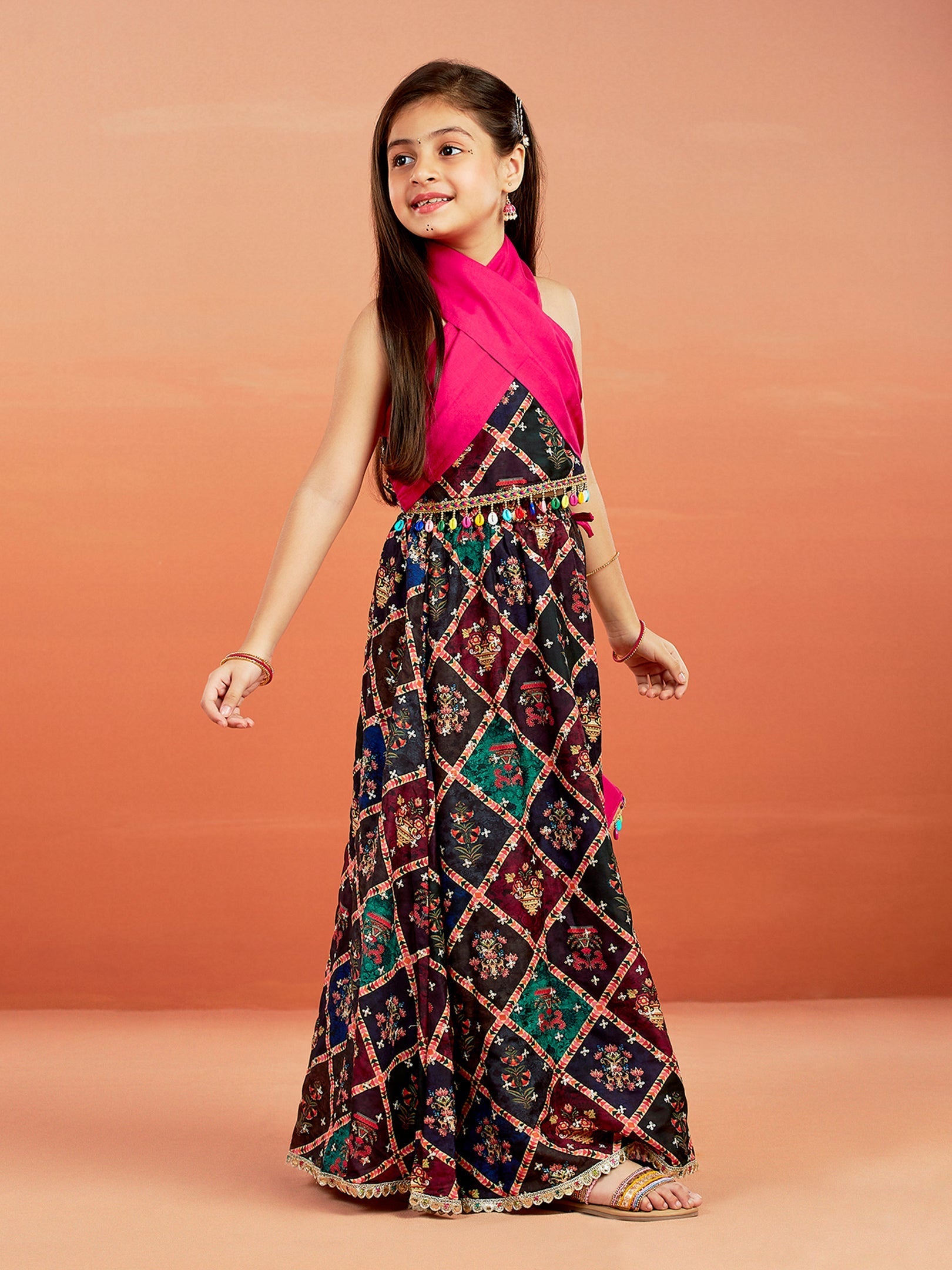 VASTRAMAY Girls' Multi Color Printed Cotton Blend Lehenga Set - qivii