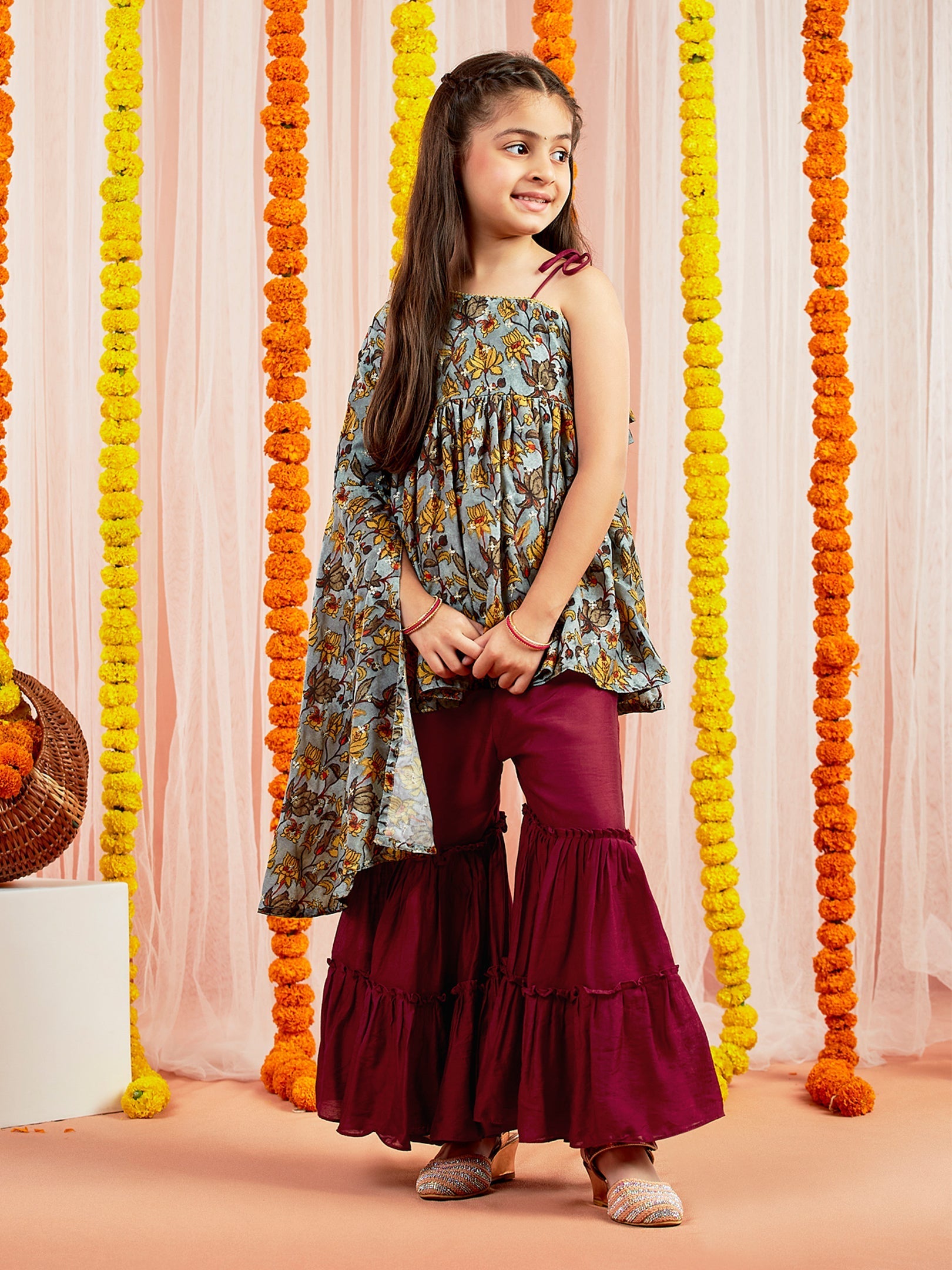 VASTRAMAY Girls' Grey Printed Tunic With Palazzo Set - qivii