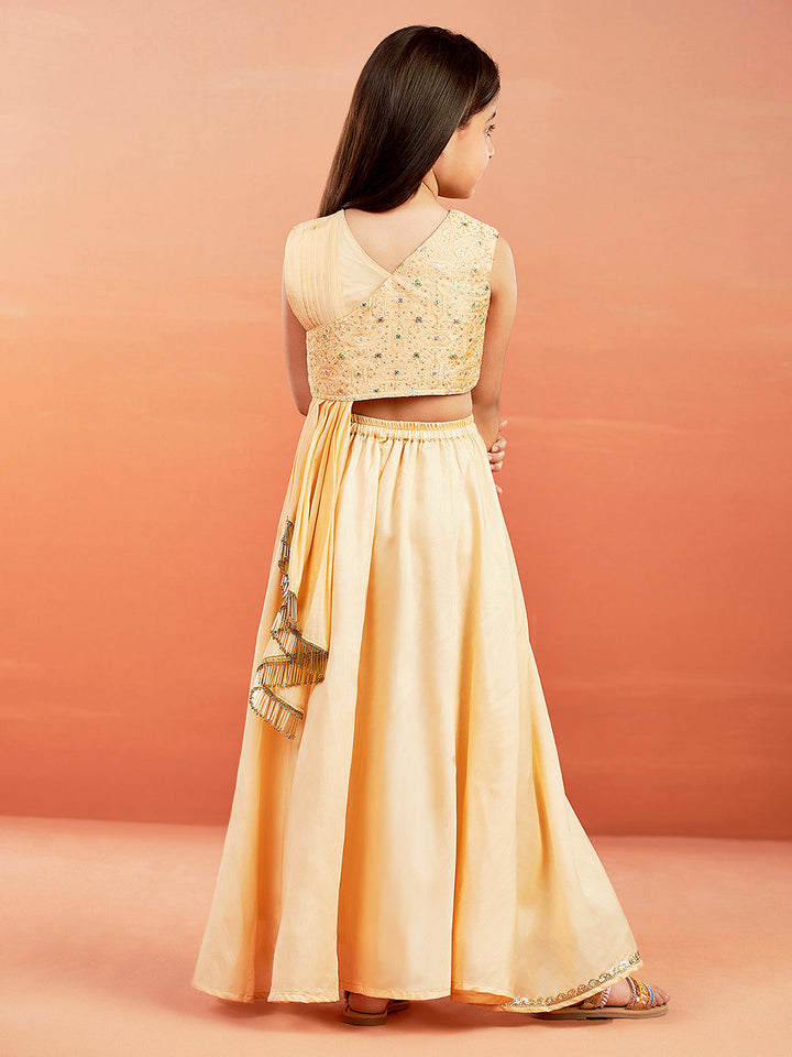 VASTRAMAY Girls' Peach Embroidered Crop Top And Blended Skit With Attached Pleated Dupatta Set