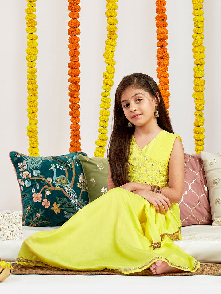 VASTRAMAY Girls' Yellow Embroidered Crop Top And Blended Skit With Attached Pleated Dupatta Set