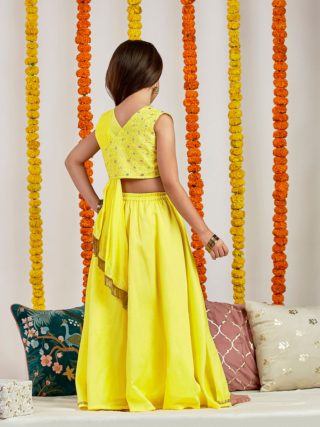 VASTRAMAY Girls' Yellow Embroidered Crop Top And Blended Skit With Attached Pleated Dupatta Set