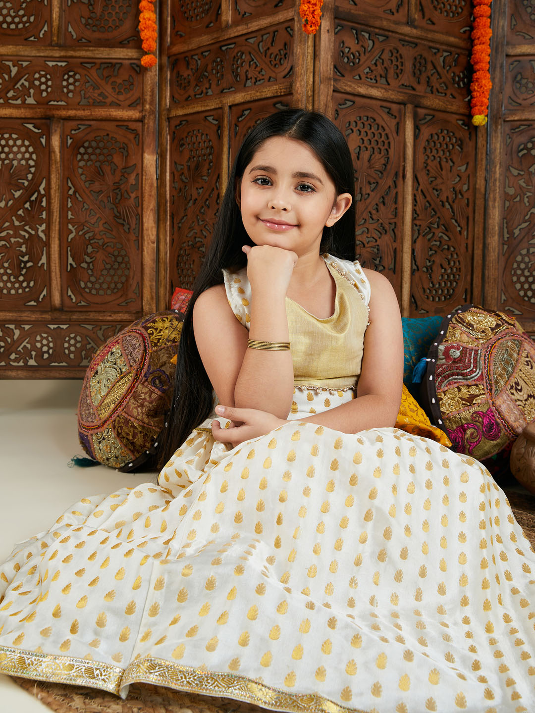 VASTRAMAY Girls' Cream And Gold Jacquard Lehenga