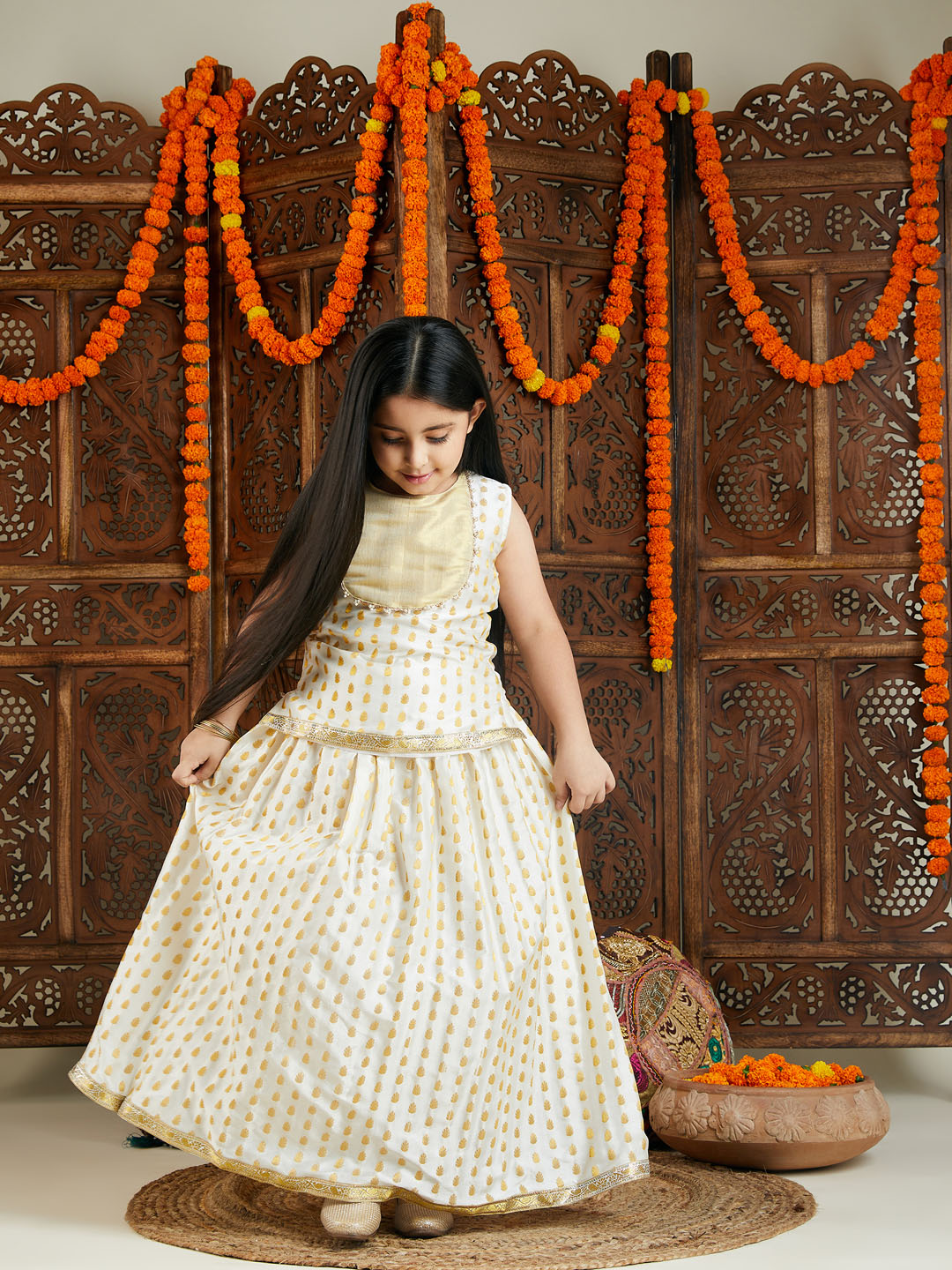 VASTRAMAY Girls' Cream And Gold Jacquard Lehenga