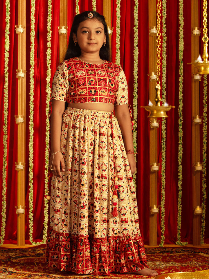 VASTRAMAY Girls' Red And Cream Patola Print Lehenga Set