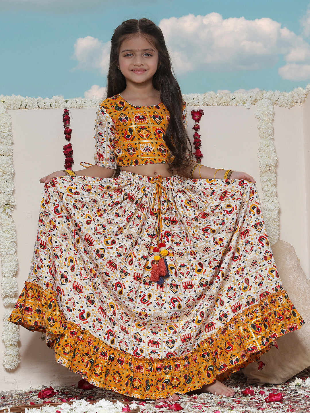 VASTRAMAY Girls' Yellow And Cream Patola Print Lehenga Set