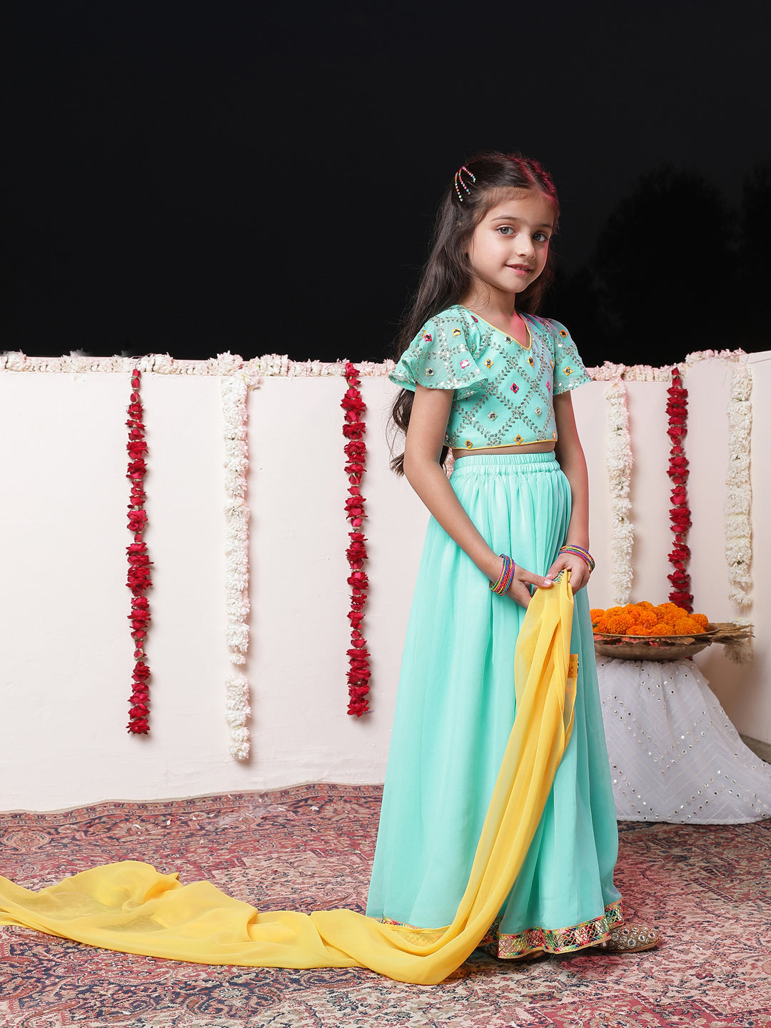 VASTRAMAY Girls' Aqua Georgette Lehenga Set