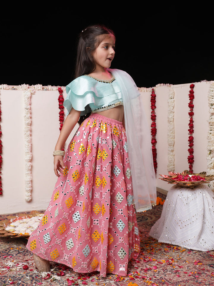 VASTRAMAY Girls' Aqua And Pink Georgette Lehenga Set