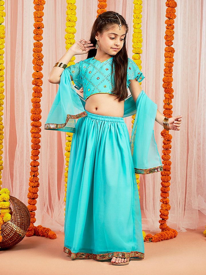 VASTRAMAY Girls' Aqua Mirror Georgette Lehenga Set