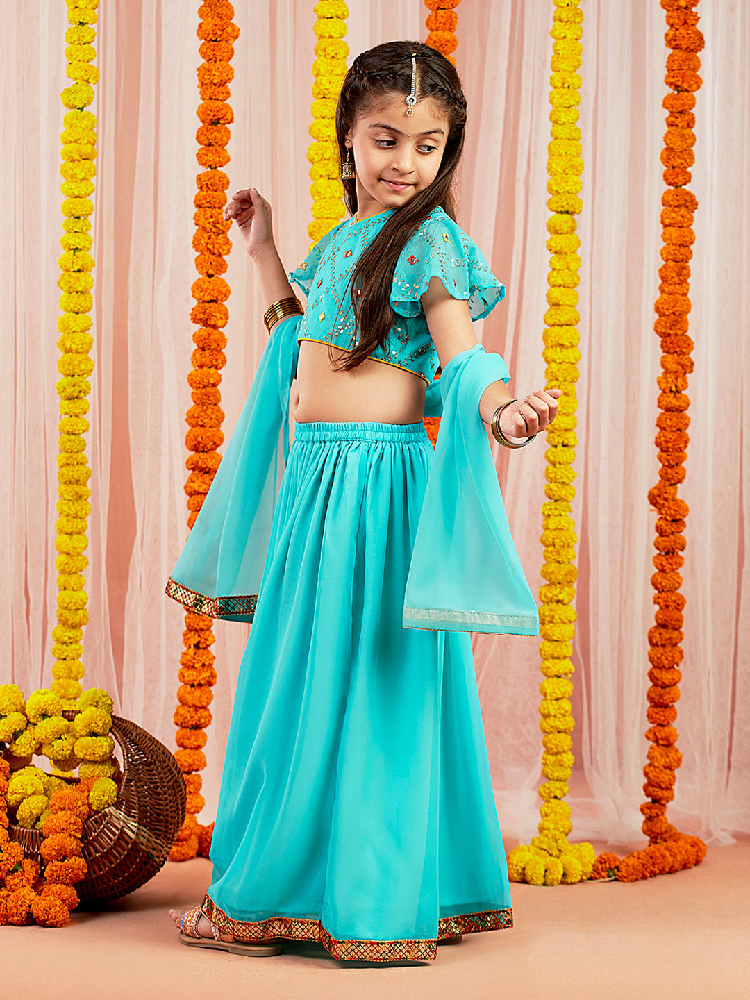 VASTRAMAY Girls' Aqua Mirror Georgette Lehenga Set