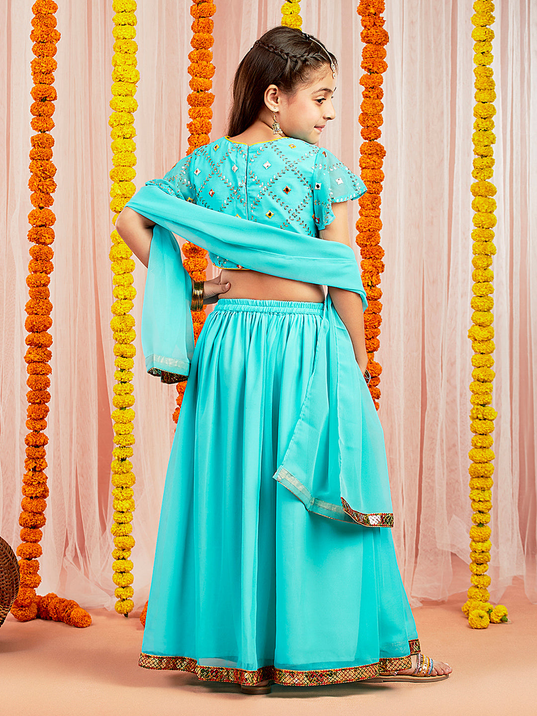 VASTRAMAY Girls' Aqua Mirror Georgette Lehenga Set