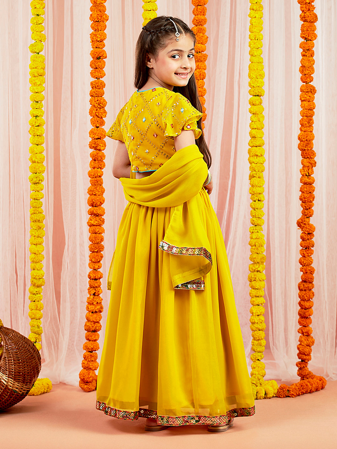 VASTRAMAY Girls' Yellow Mirror Georgette Lehenga Set