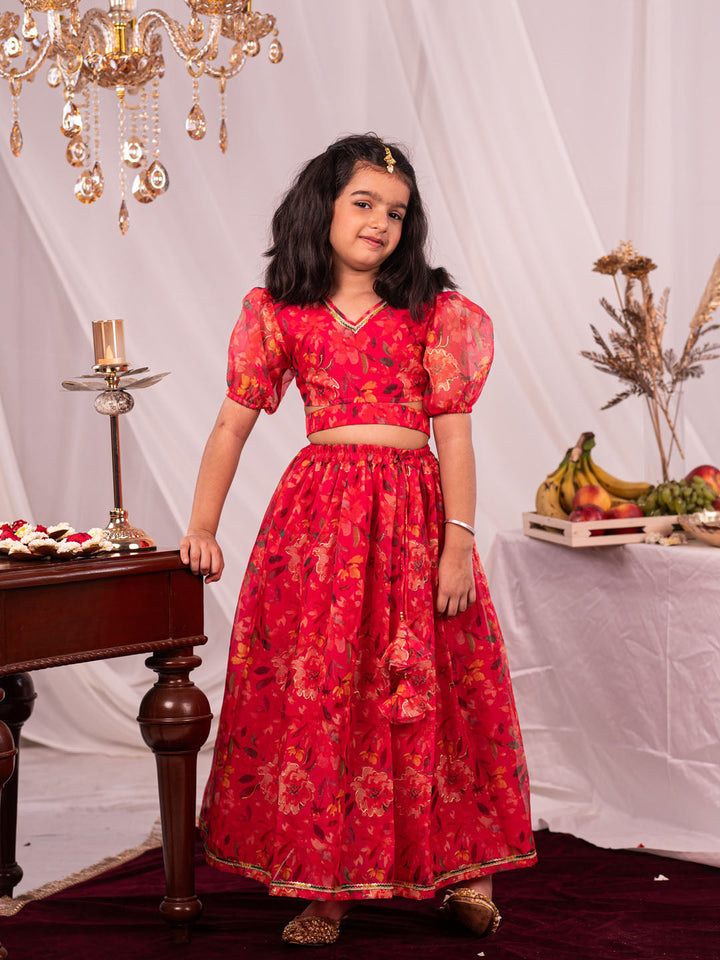  Beautiful and Elegant Girls' Pink Printed Organza Lehenga Set by VASTRAMAY