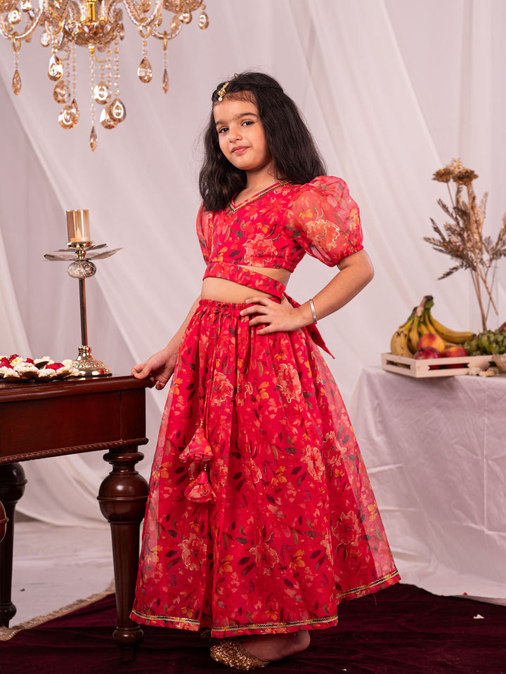  Stylish and Trendy Pink Printed Organza Lehenga Set for Girls by VASTRAMAY