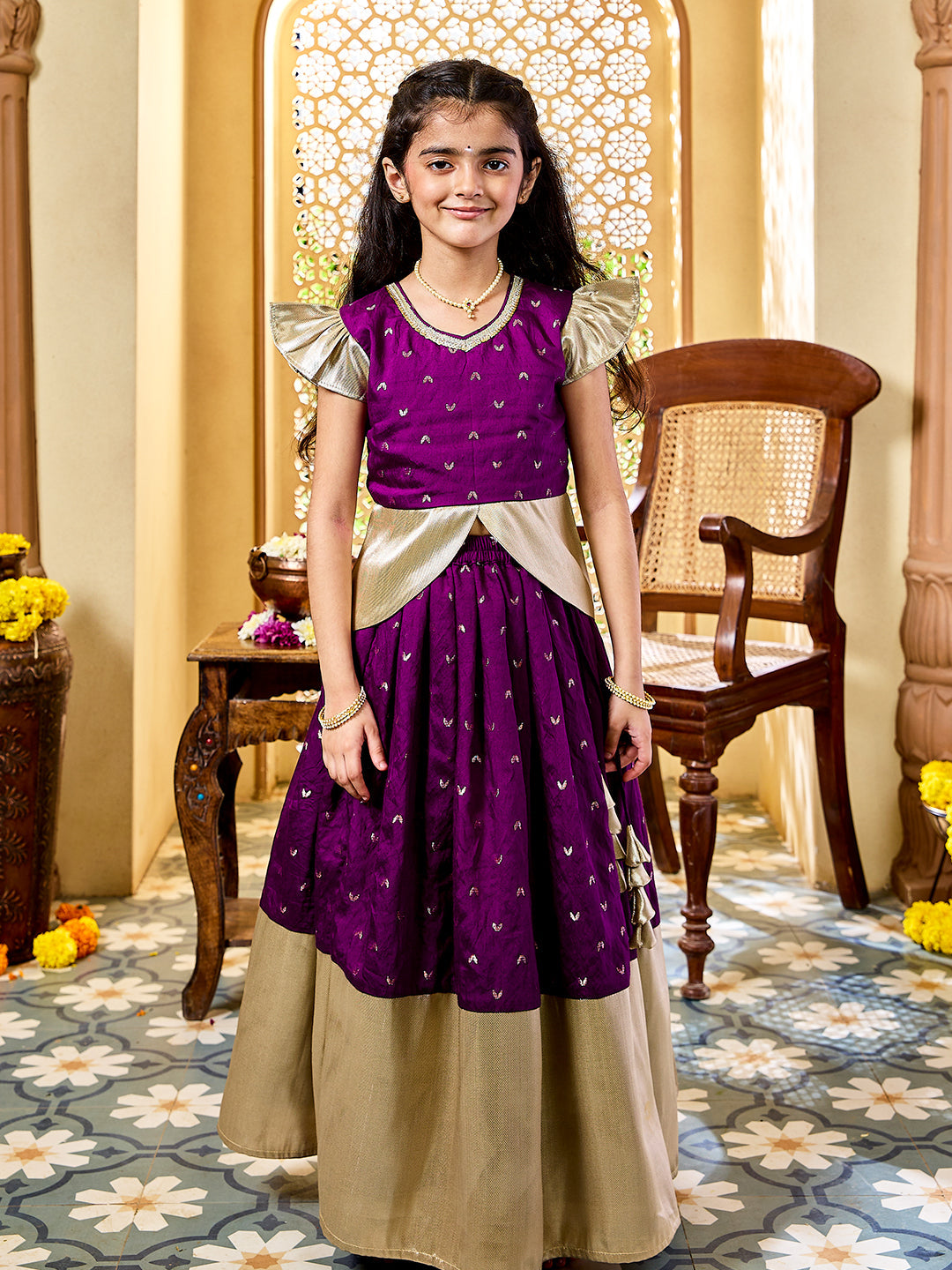 VASTRAMAY Girls' Purple Lehenga Set