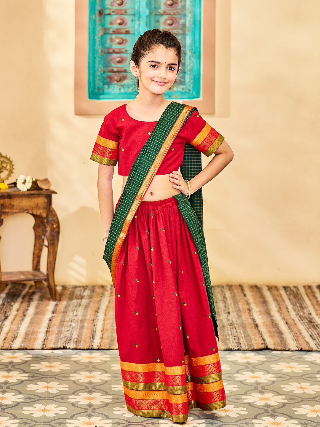 VASTRAMAY Girls' Maroon And Green Lehenga Set