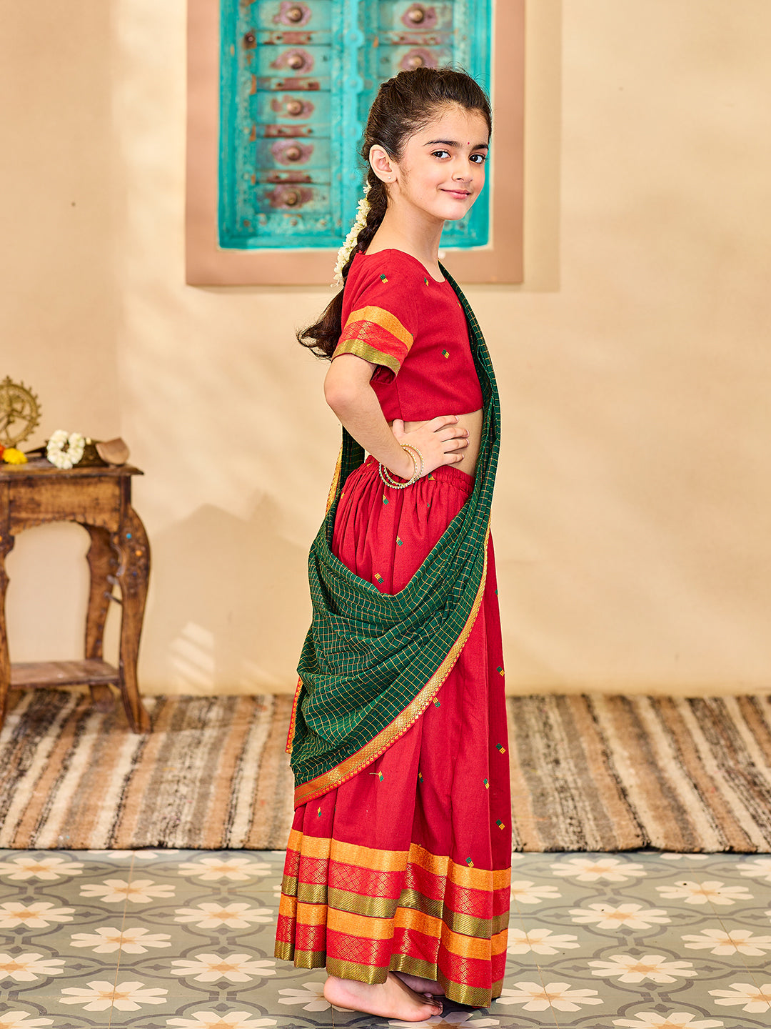 VASTRAMAY Girls' Maroon And Green Lehenga Set