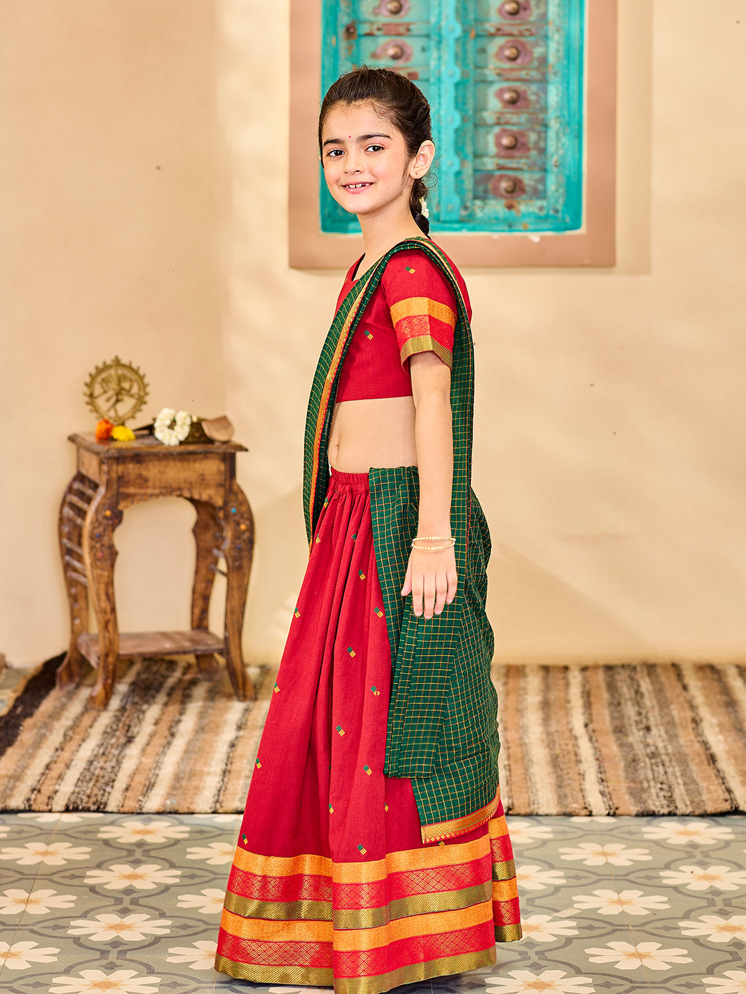 VASTRAMAY Girls' Maroon And Green Lehenga Set