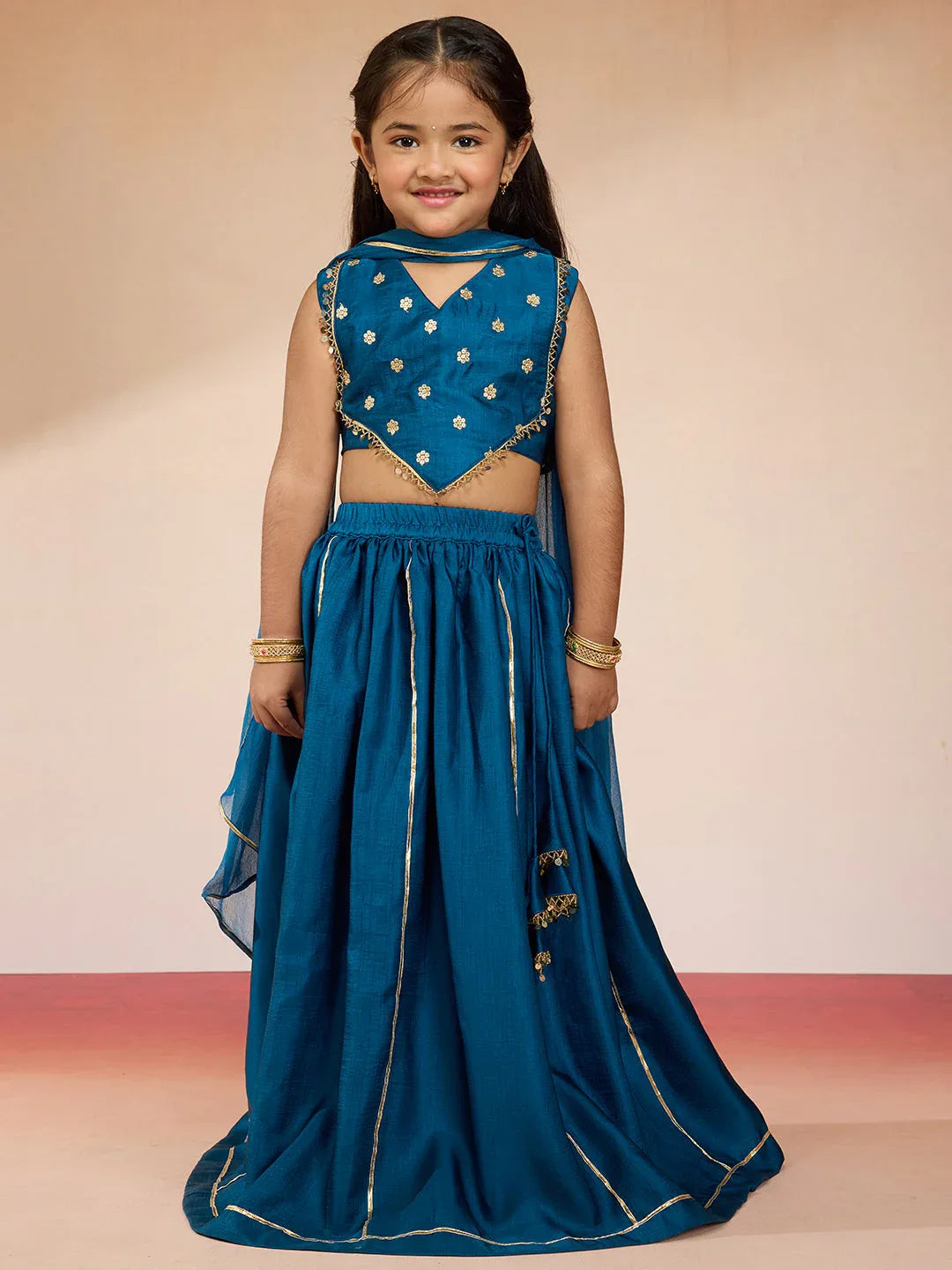 Vastramay Girls' Turquoise Satin Lehenga Set with Embroidery