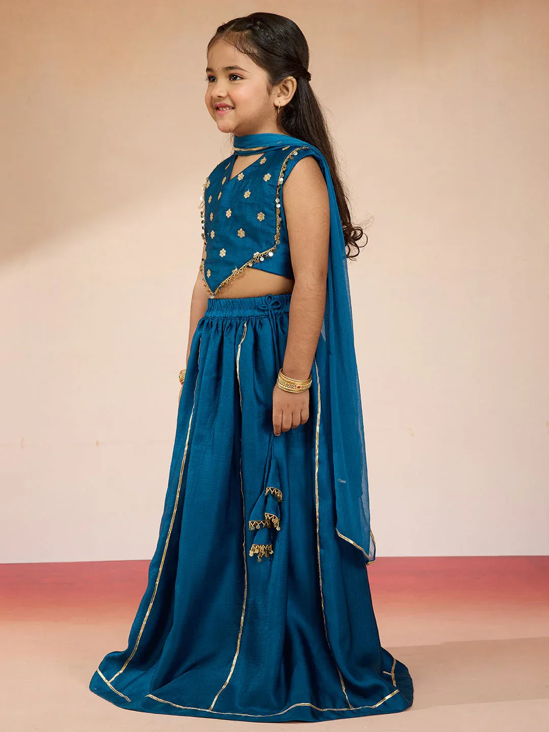 Vastramay Girls' Turquoise Satin Lehenga Set with Embroidery