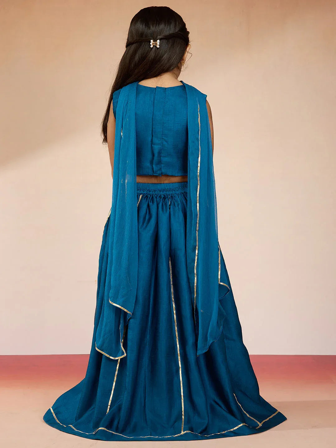 Vastramay Girls' Turquoise Satin Lehenga Set with Embroidery