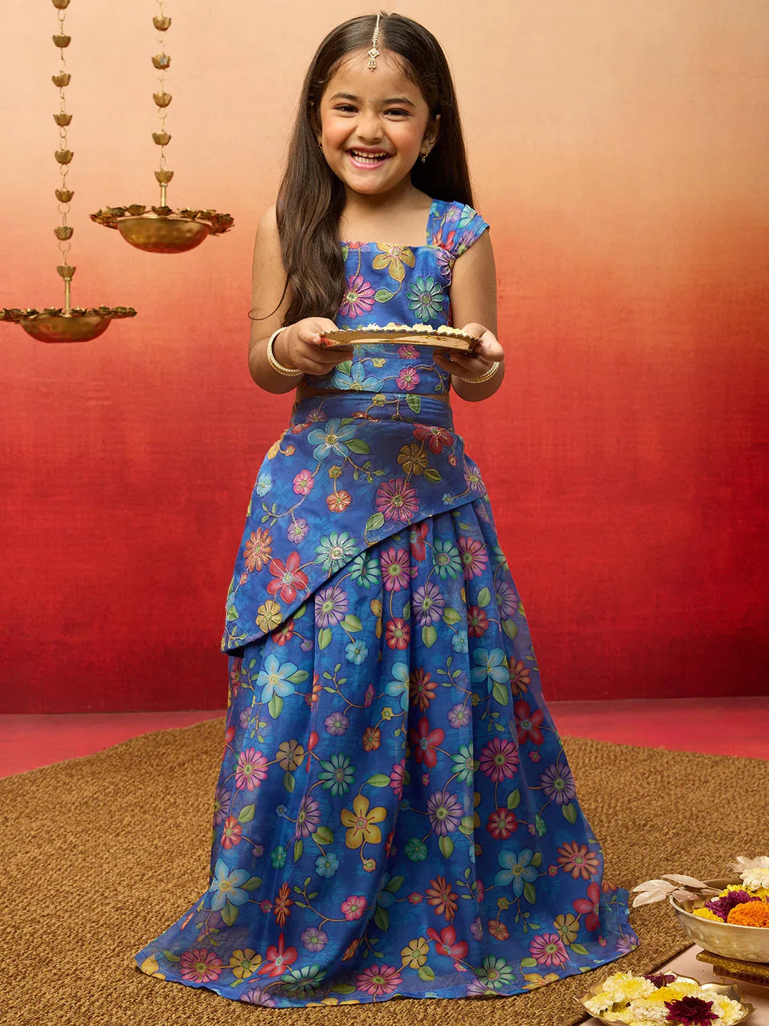 Vastramay Girls Blue Organza Lehenga Set