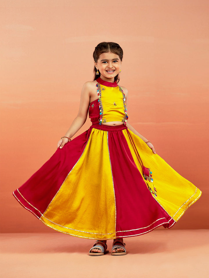 VASTRAMAY Girls' Yellow And Red Lehenga Set