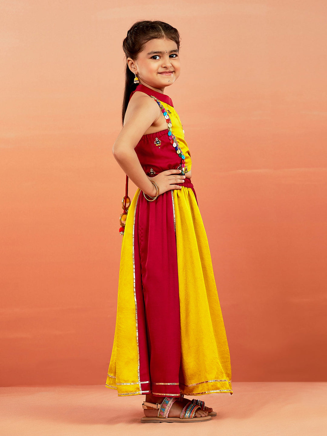 VASTRAMAY Girls' Yellow And Red Lehenga Set