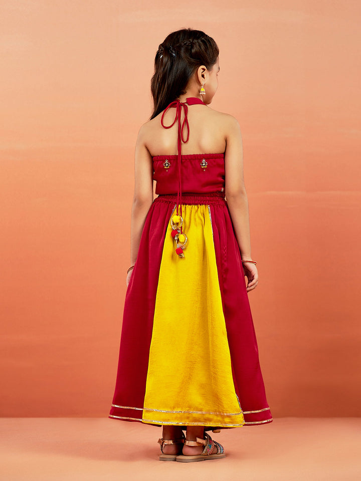 VASTRAMAY Girls' Yellow And Red Lehenga Set