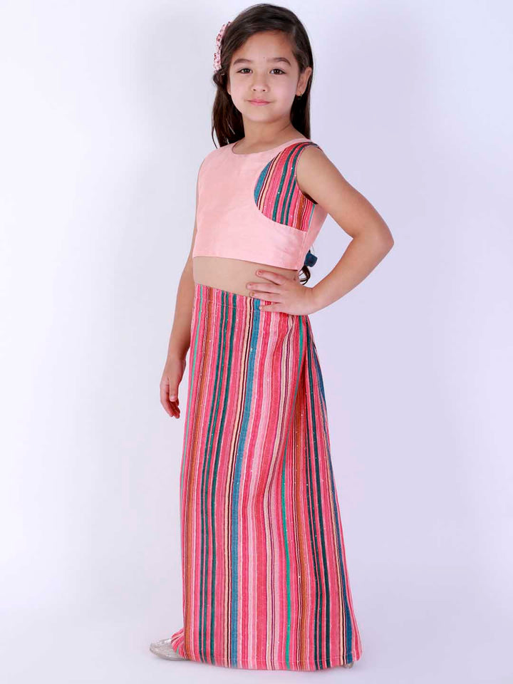 Vastramay Girl's Pink Striped Skirt With Pink Crop Top