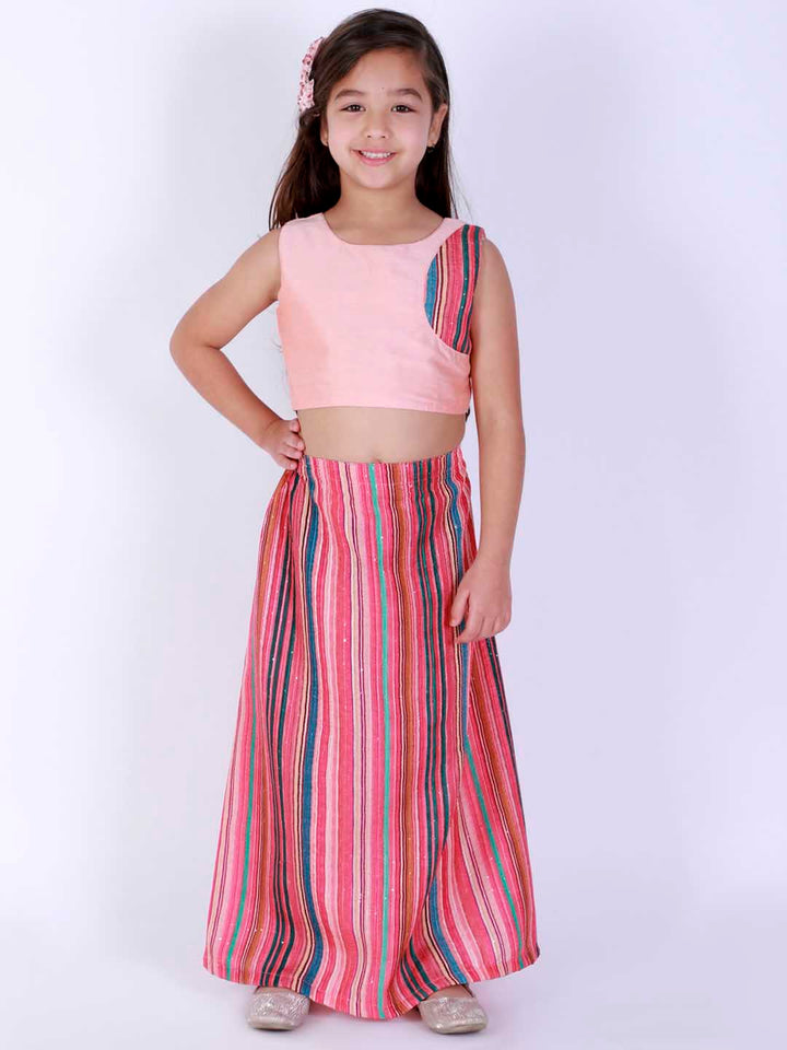 Vastramay Girl's Pink Striped Skirt With Pink Crop Top