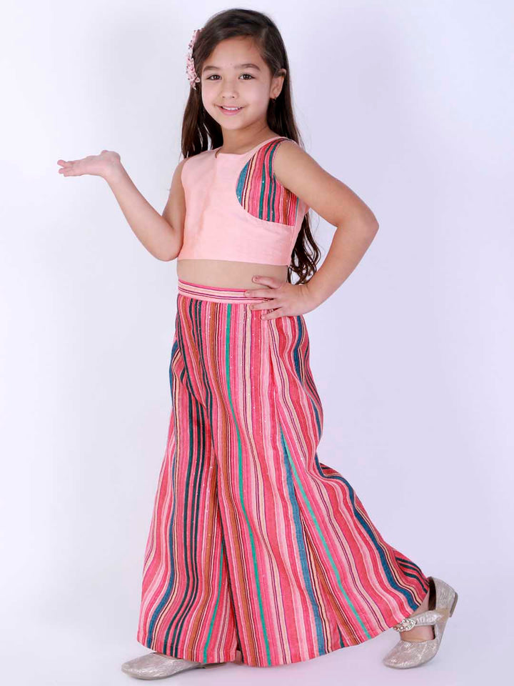 Vastramay Girl's Pink Striped Palazzo With Pink Crop Top