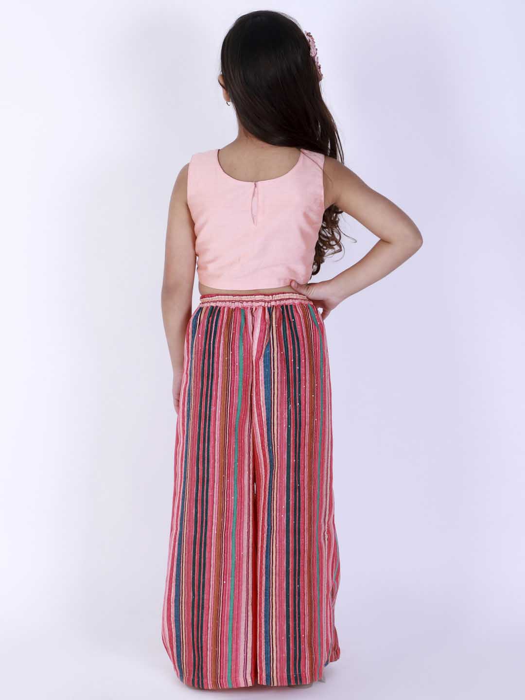 Vastramay Girl's Pink Striped Palazzo With Pink Crop Top