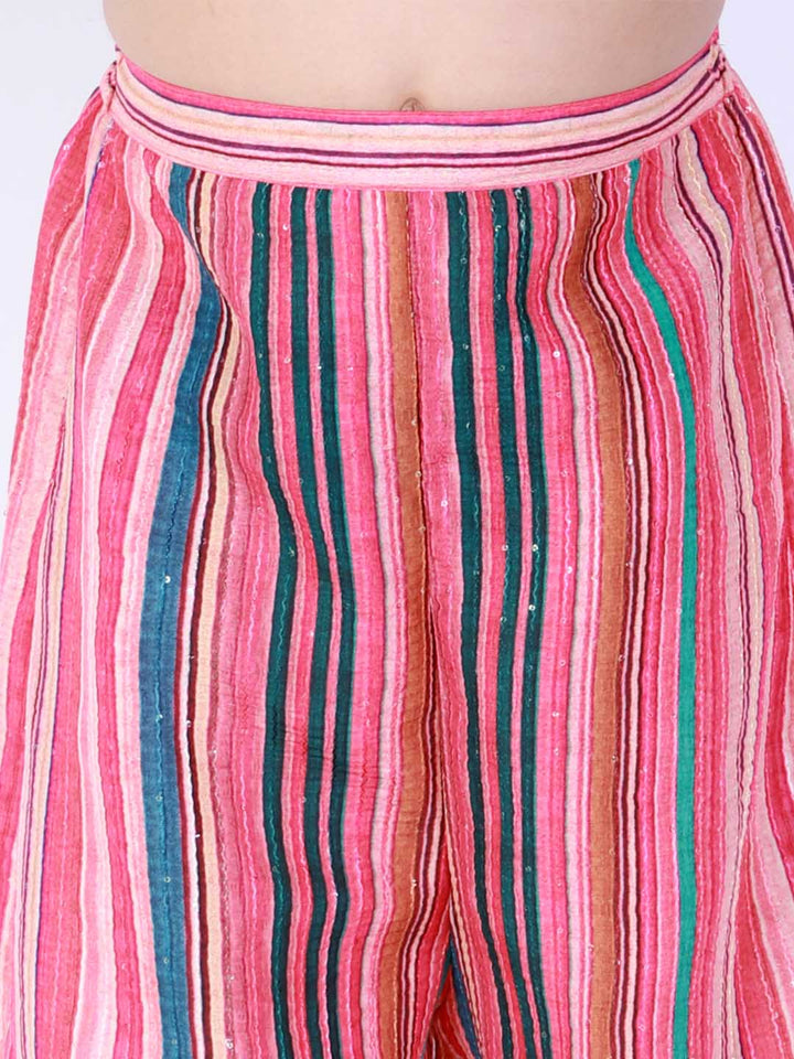 Vastramay Girl's Pink Striped Palazzo With Pink Crop Top