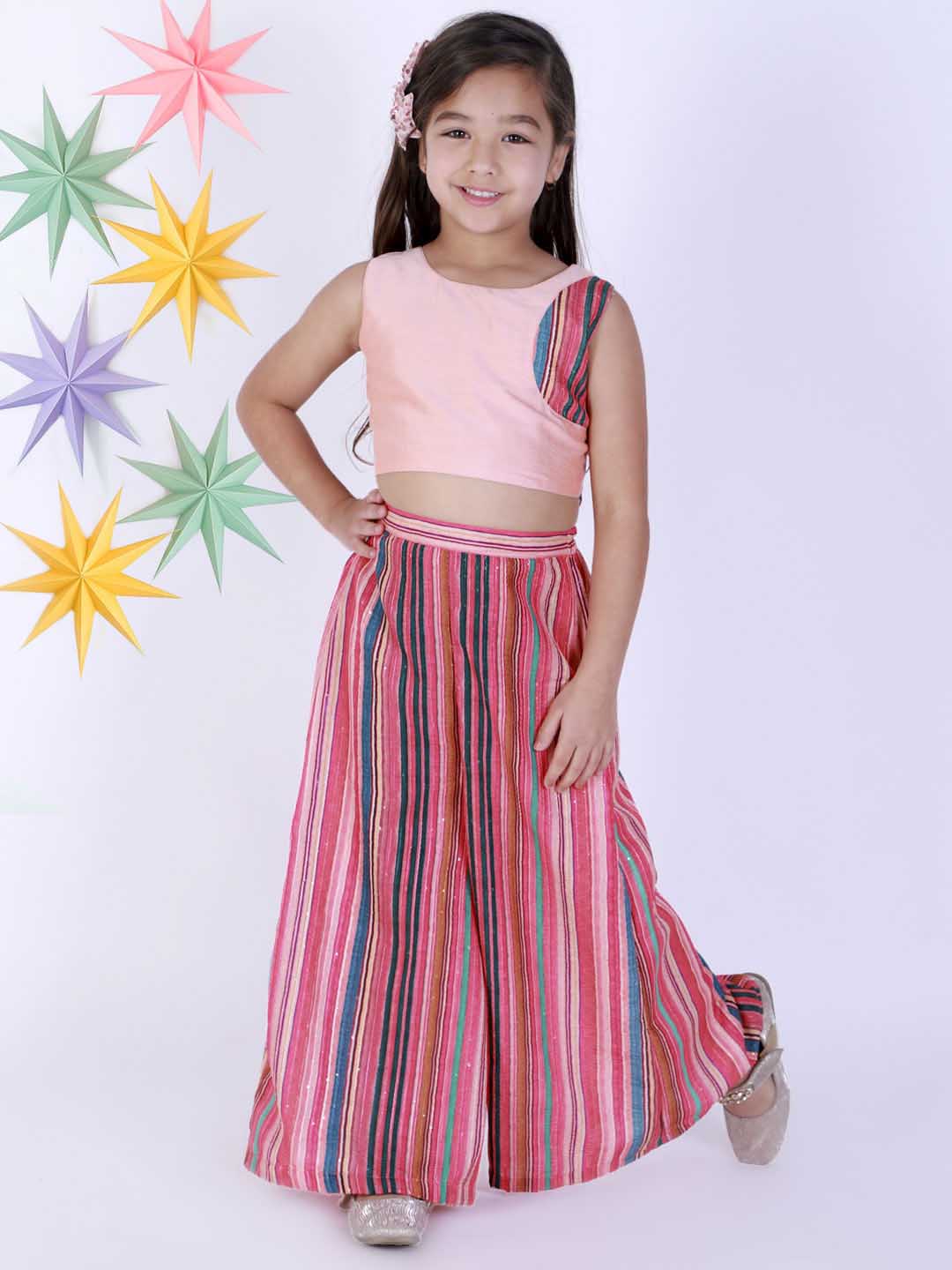 Vastramay Girl's Pink Striped Palazzo With Pink Crop Top