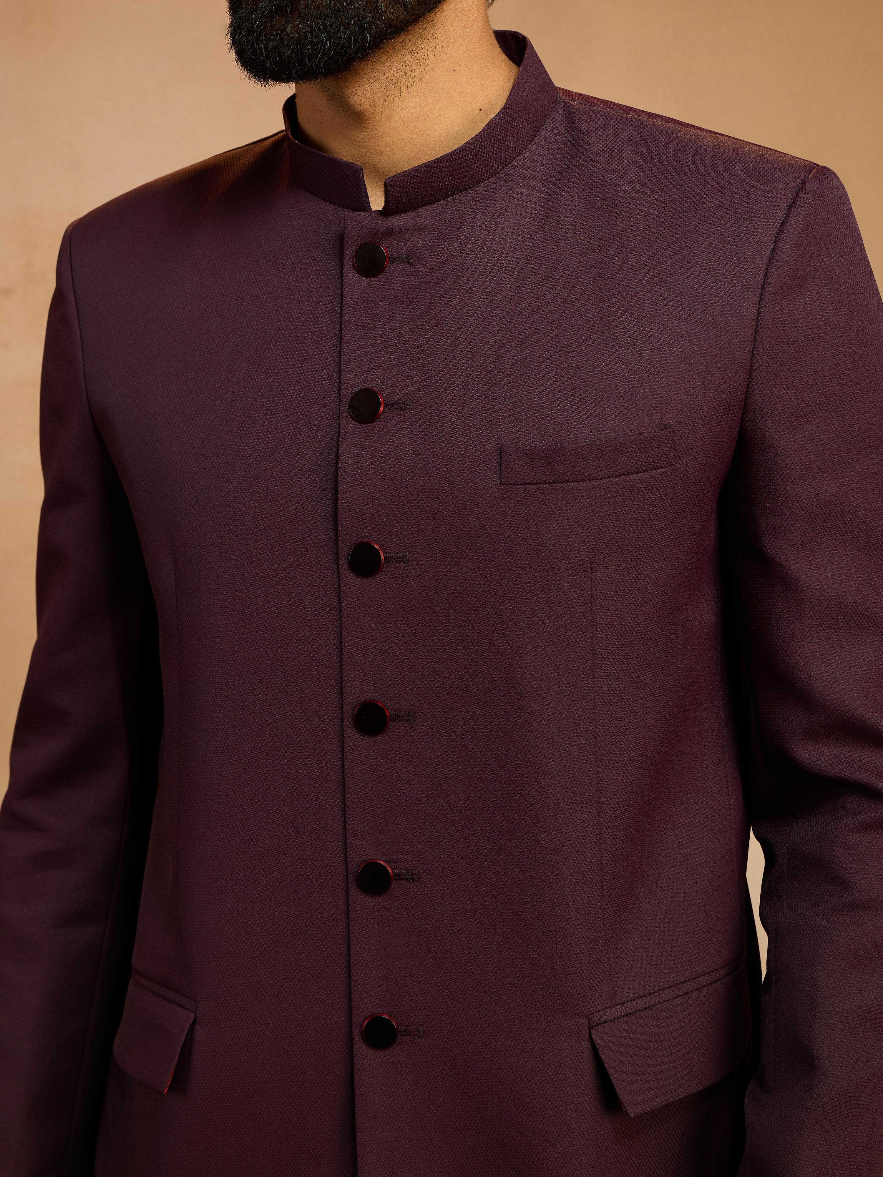 Men's Wine Solid Jute Jodhpuri Suit with Straight Pant