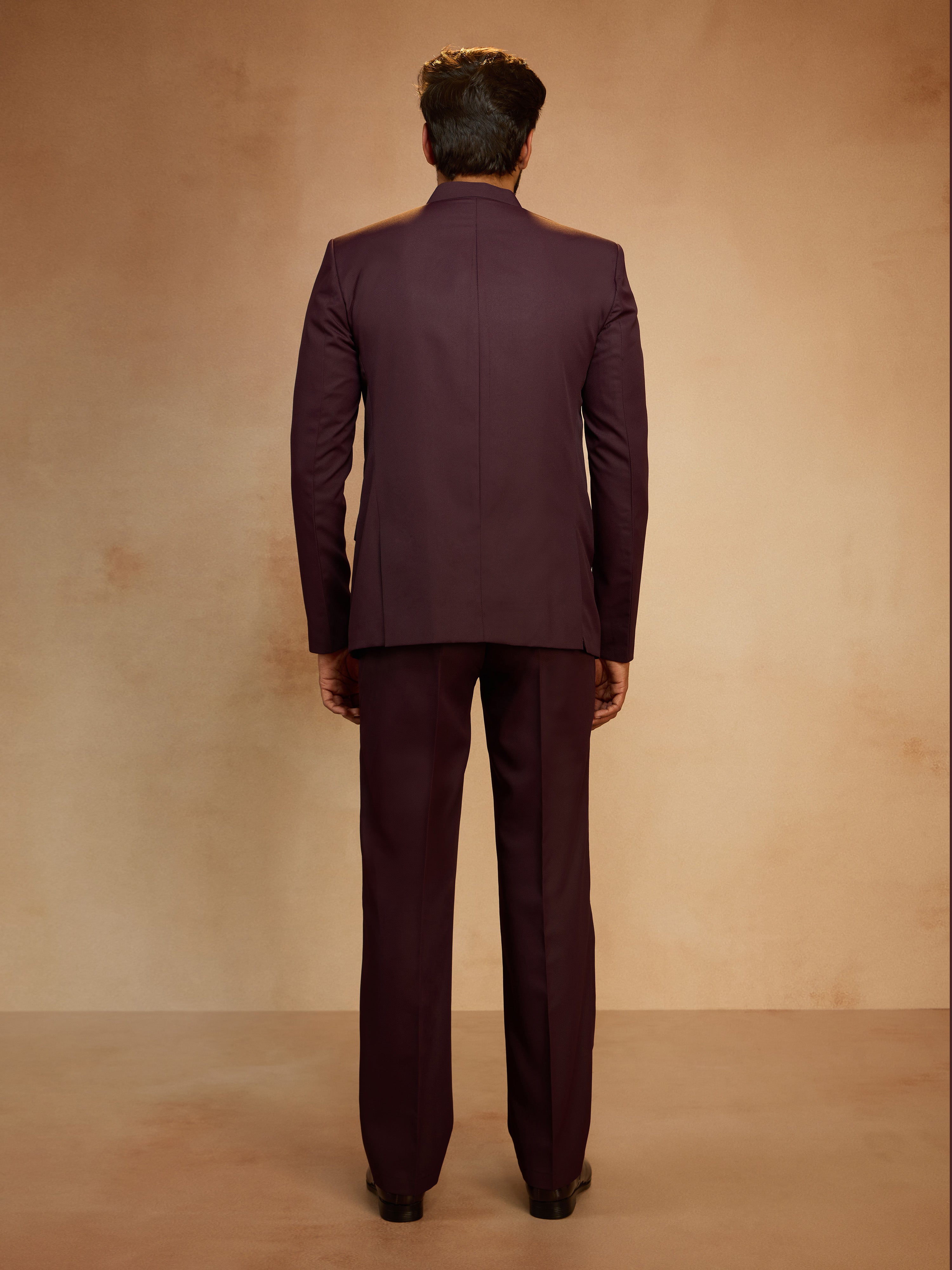 Men's Wine Solid Jute Jodhpuri Suit with Straight Pant